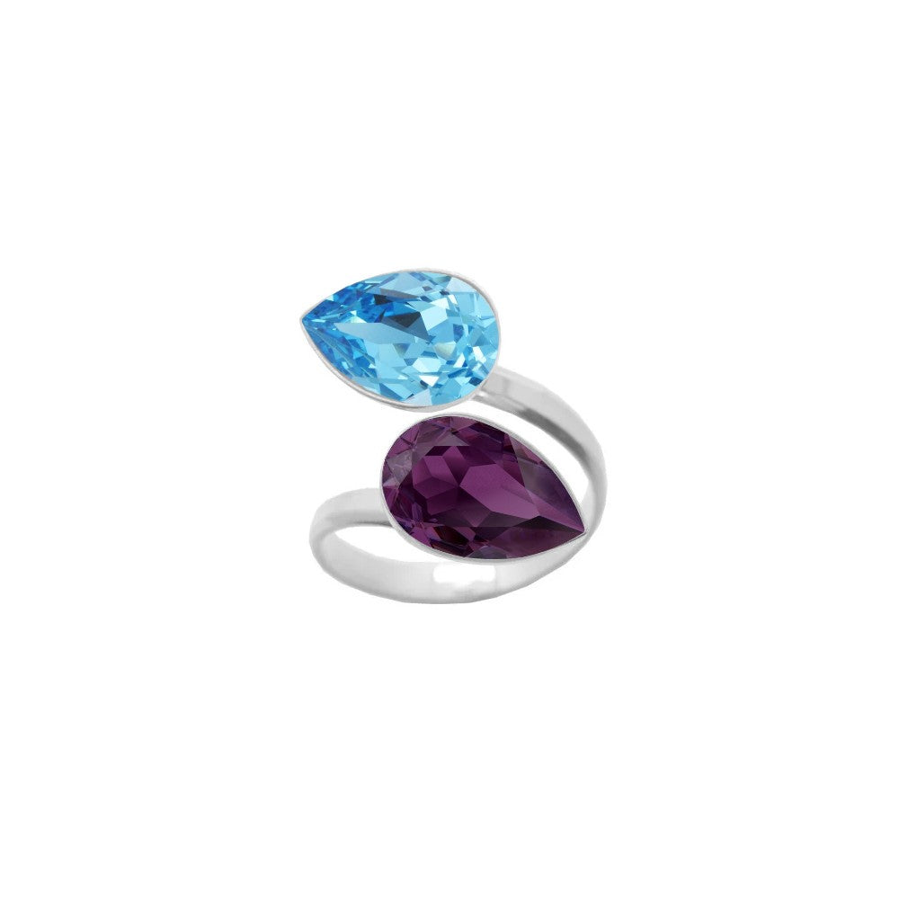 Delicate and stylish, this 925 Sterling silver wrap-around ring for women features Aquamarine and Amethyst Purple teardrop crystals, lovingly handcrafted by Magpie Gems in Ireland.