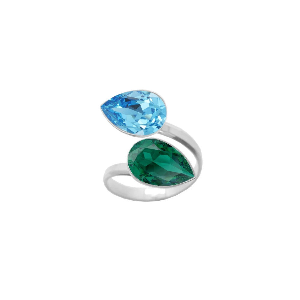 A stunning 925 Sterling silver wrap-around ring with two teardrop crystals, featuring Aquamarine and Emerald colours, handmade for women by Magpie Gems in Ireland.