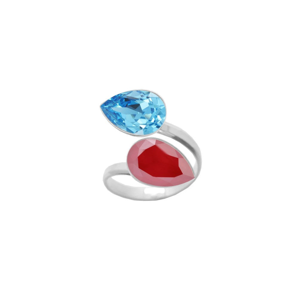 Delicate and stylish, this 925 Sterling silver wrap-around ring for women features Aquamarine and Royal Red pear-cut crystals, lovingly handcrafted by Magpie Gems in Ireland.