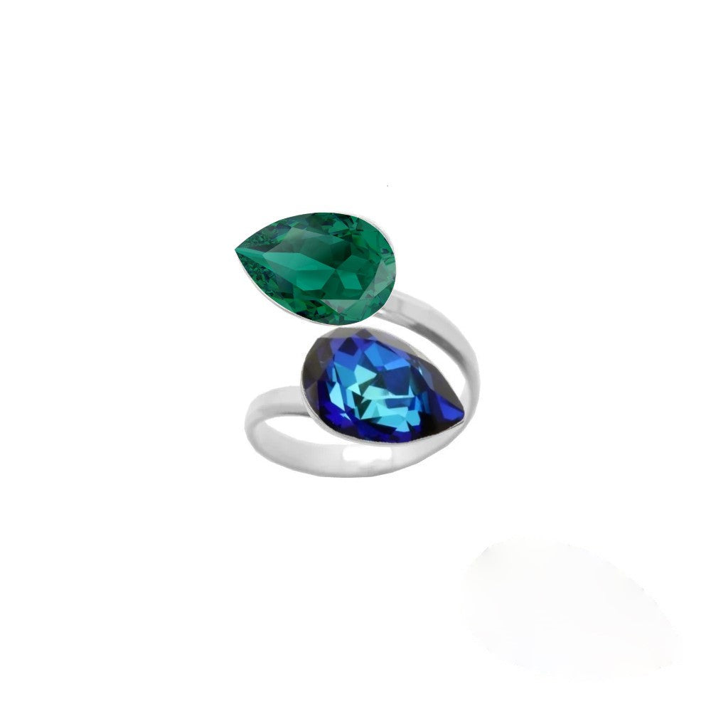 925 Sterling silver wrap-around ring adorned with Bermuda Blue and Emerald Green pear-cut crystals, a beautiful dual crystal ring for women, meticulously handcrafted by Magpie Gems in Ireland.