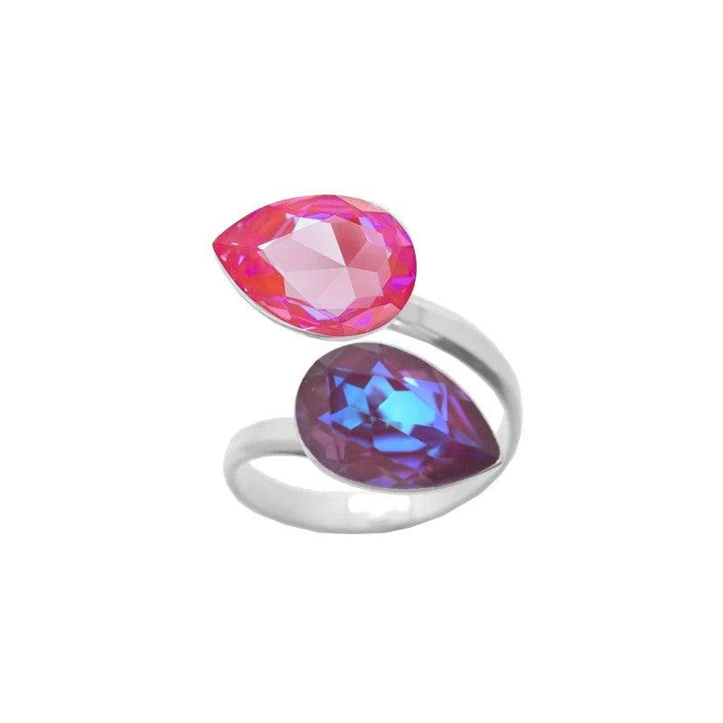 A stunning 925 Sterling silver ring with a wrap-around design, featuring double pear-cut crystals in Pink Lotus and Burgundy Delite teardrop shapes, meticulously handcrafted for women by Magpie Gems in Irela