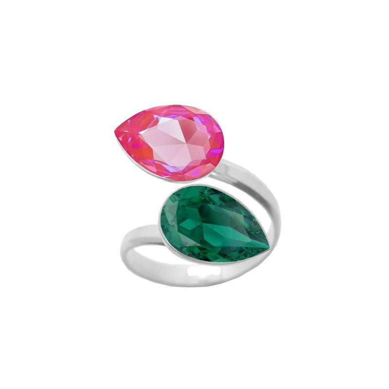 Women's dual crystal ring with a unique wrap-around design, made from 925 Sterling silver and showcasing Pink Lotus and Emerald Green pear-cut crystals, created by Magpie Gems in Ireland.