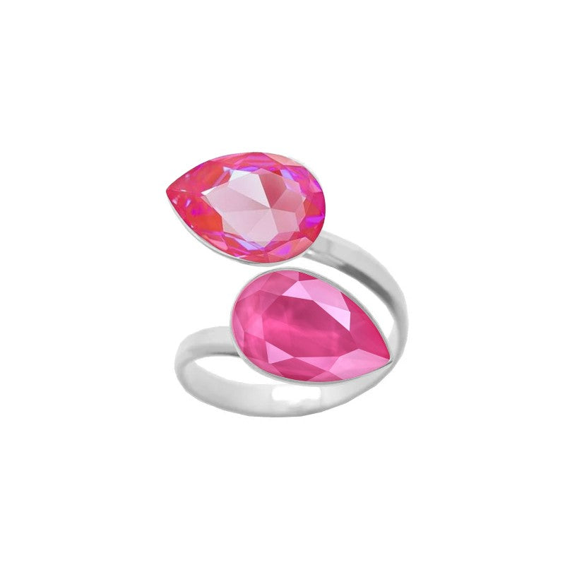 Women's dual crystal ring with a unique wrap-around design, made from 925 Sterling silver and showcasing Pink Lotus and Peony Pink pear-cut crystals, created by Magpie Gems in Ireland.