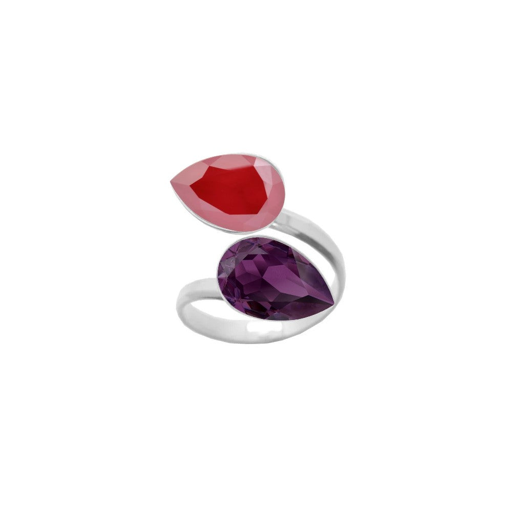 925 Sterling silver wrap-around ring adorned with Royal Red and Amethyst Purple pear-cut crystals, a stunning dual crystal ring for women, meticulously handcrafted by Magpie Gems in Ireland.