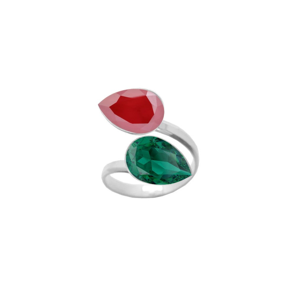 A striking 925 Sterling silver wrap-around ring featuring Royal Red and Emerald Green pear-cut crystals, a beautifully handcrafted dual crystal ring for women by Magpie Gems in Ireland.