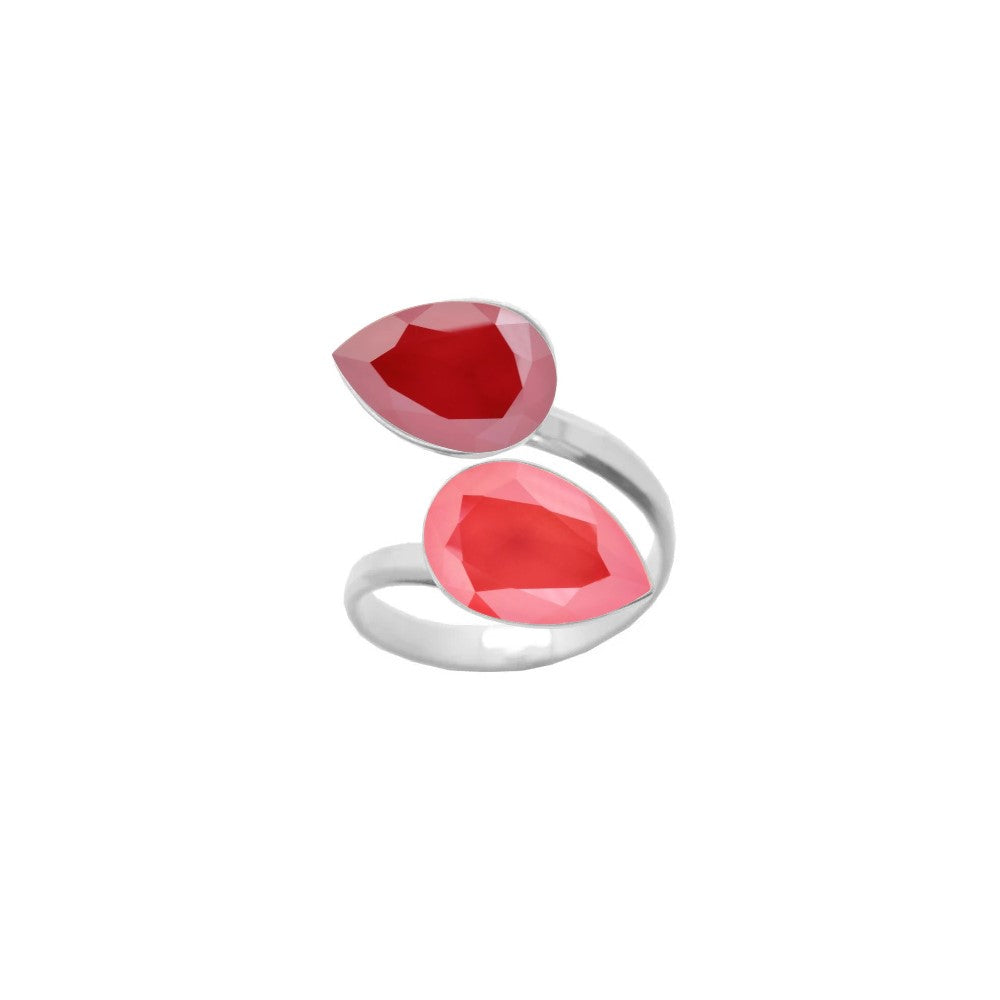 A captivating 925 Sterling silver wrap-around ring adorned with Royal Red and Light Coral pear-cut crystals, beautifully handcrafted as a dual crystal ring for women by Magpie Gems in Ireland.