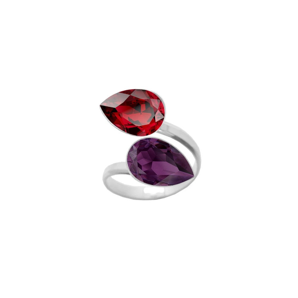 Scarlet Red and Amethyst Purple pear-cut crystals embellish this 925 Sterling silver wrap-around ring, a handmade piece for women by Magpie Gems, symbolising elegance and craftsmanship from Ireland.