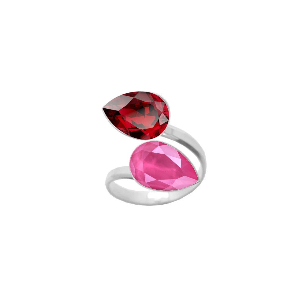 925 Sterling silver wrap-around ring adorned with Scarlet Red and Peony Pink pear-cut crystals, a stunning dual crystal ring for women, meticulously handcrafted by Magpie Gems in Ireland.