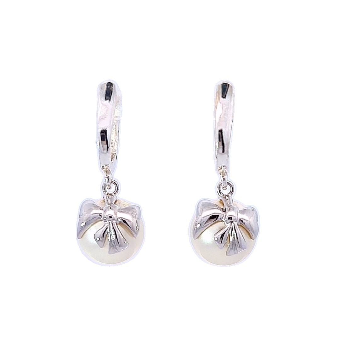 Elegant Pair of Pearl Drop Huggie Earrings with Ivory Pearl Crystal and Delicate Silver Bows