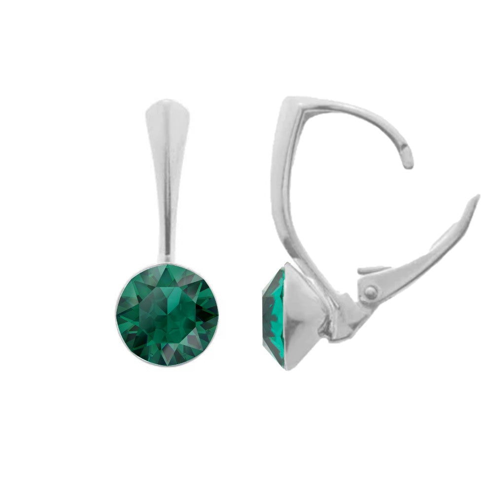 Emerald Green Round Chaton Crystal Drop Earrings in Sterling Silver