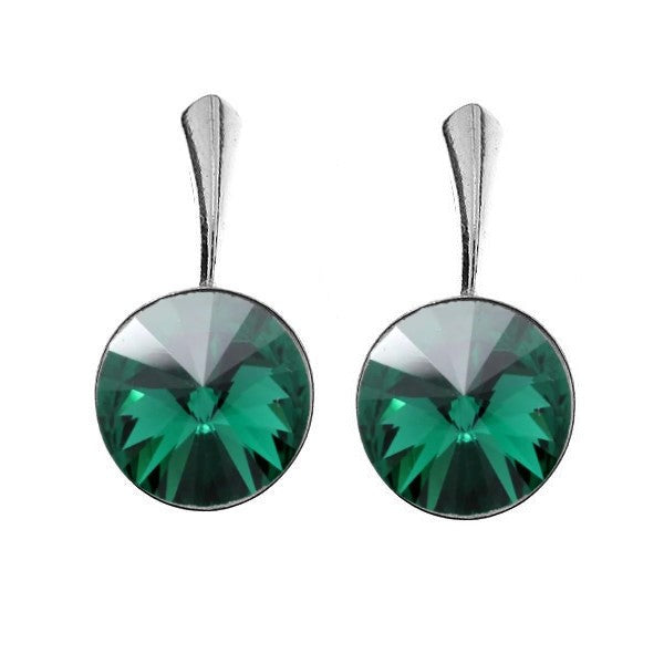 Sterling Silver Drop Earrings with 12mm Emerald Green Rivoli Crystal