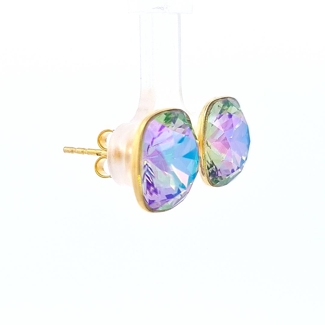 Gold Cushion Stud Earrings with Paradise Shine square Austrian crystal, a vibrant blend of purple and green symbolising mystical self-discovery.