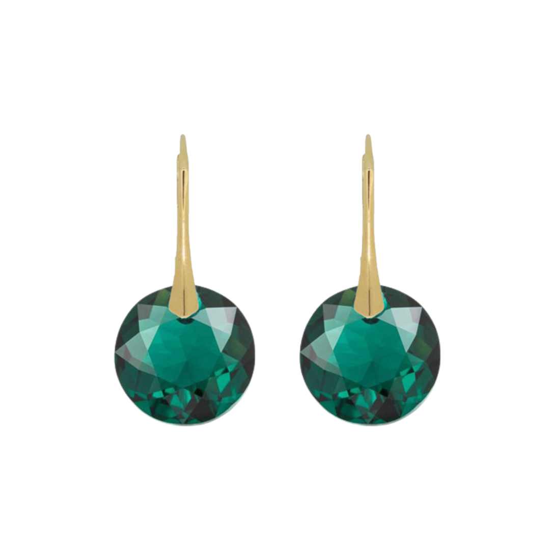 Pair of gold sterling silver dangle earrings with Emerald stone crystal, featuring a delicate drop design, perfect for ladies seeking elegant jewellery from Ireland.