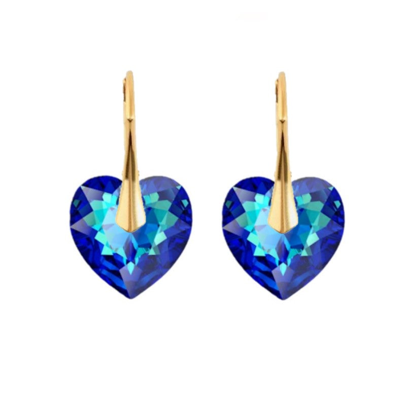 Bermuda Blue Gold Heart Drop Earrings with Austrian Crystals