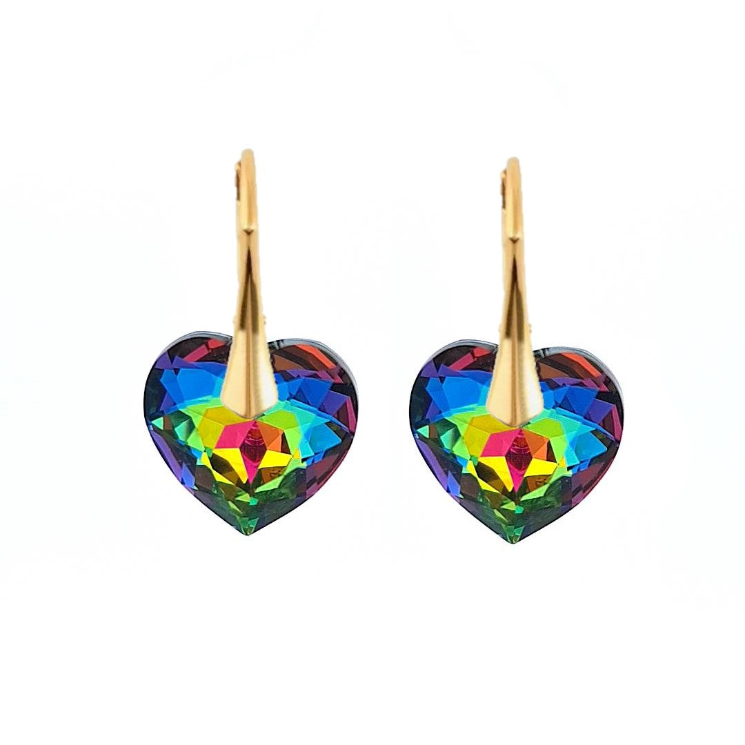 Gold Plated over 925 Sterling Silver Vitrail Medium Heart Drop Earrings, with rainbow multicolour, by Magpie Gems in Ireland