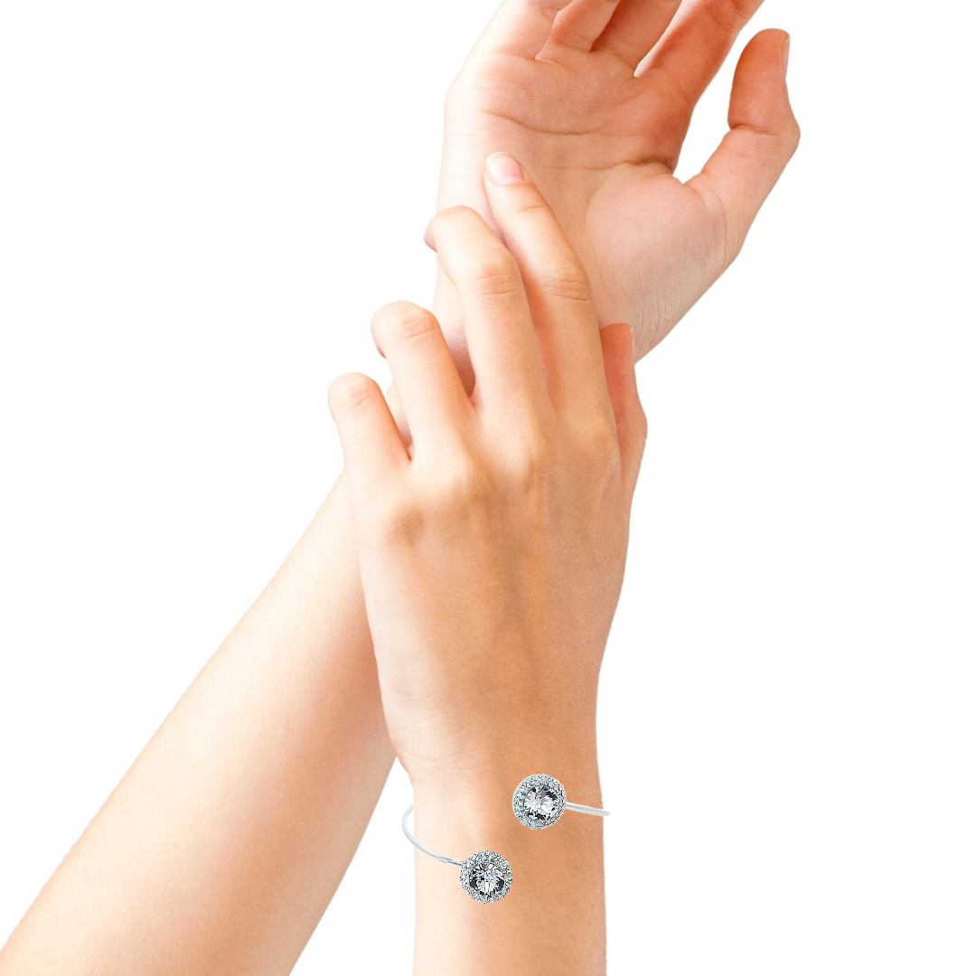 Woman wearing a Crystal Clear Central Crystal on Sterling Silver Customisable Bracelet with Moonlight  Halo