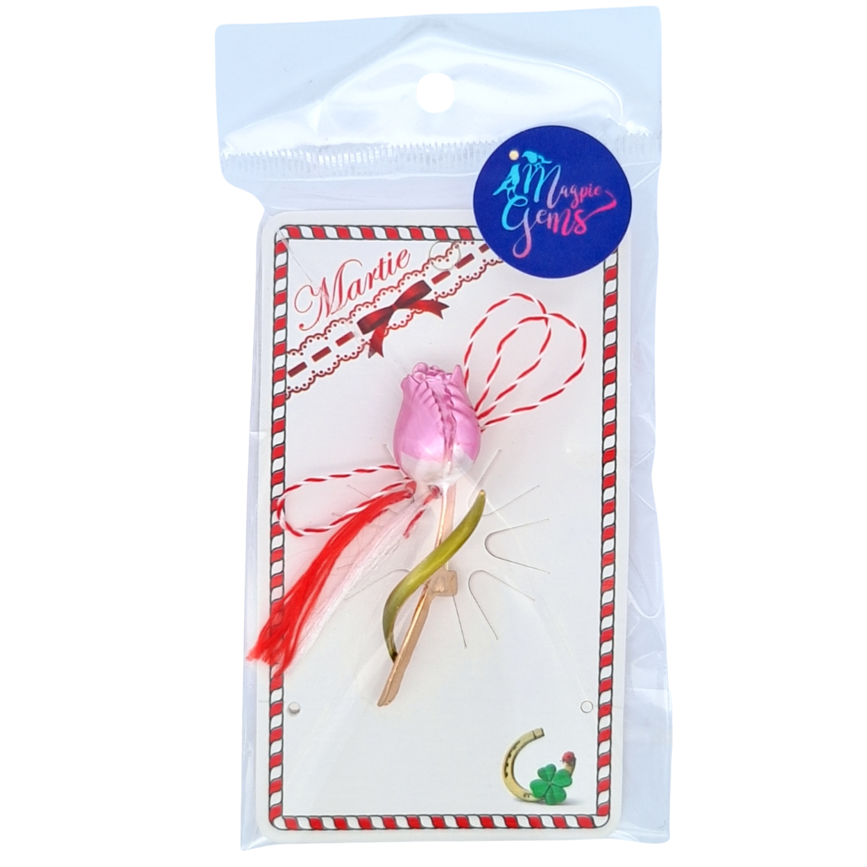 Elegant Tulip Martisor Brooch with Red and White Bow – Two Colour Variants