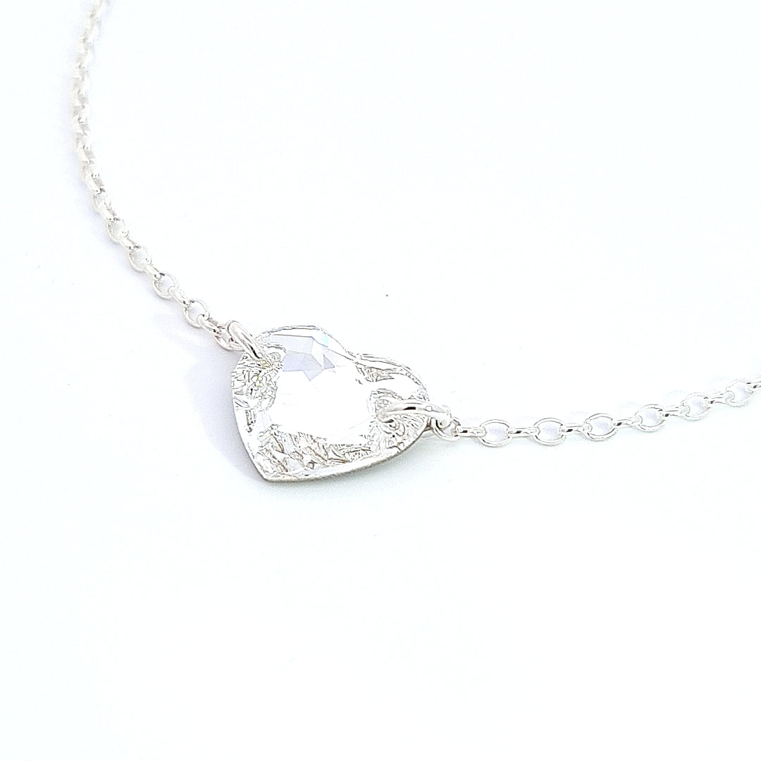 Close-up of Crystal Heart Link on Sterling Silver Anklet for Women with a Clear Crystal Heart