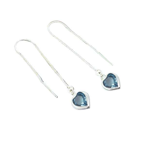 Heart Silver Double Threader Earrings in Sterling Silver with Aquamarine Blue Heart