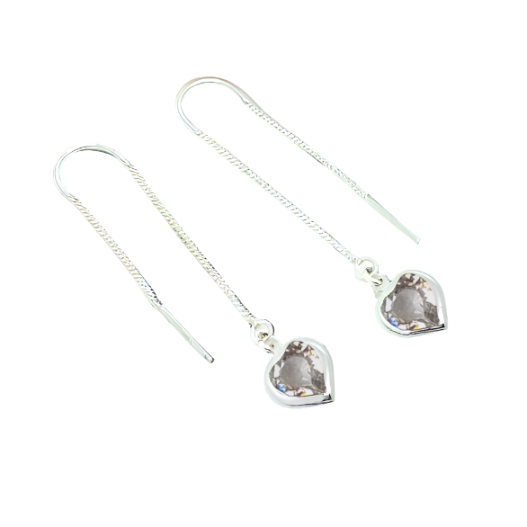 Heart Silver Double Threader Earrings in Sterling Silver with Crystal Clear  Heart