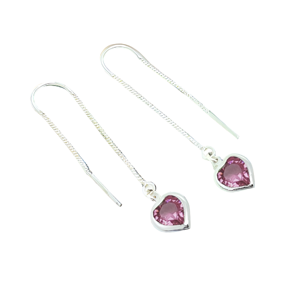 Heart Silver Double Threader Earrings in Sterling Silver with Rose Pink Heart