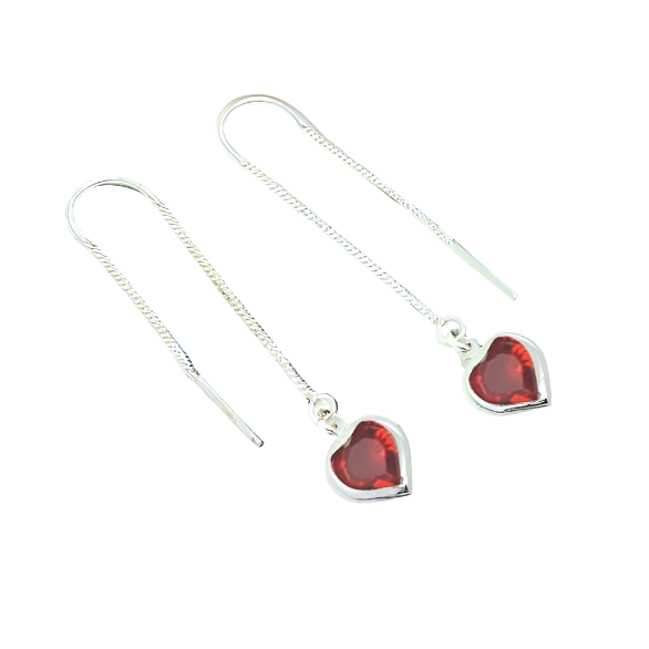 Heart Silver Double Threader Earrings in Sterling Silver with Siam Red Heart