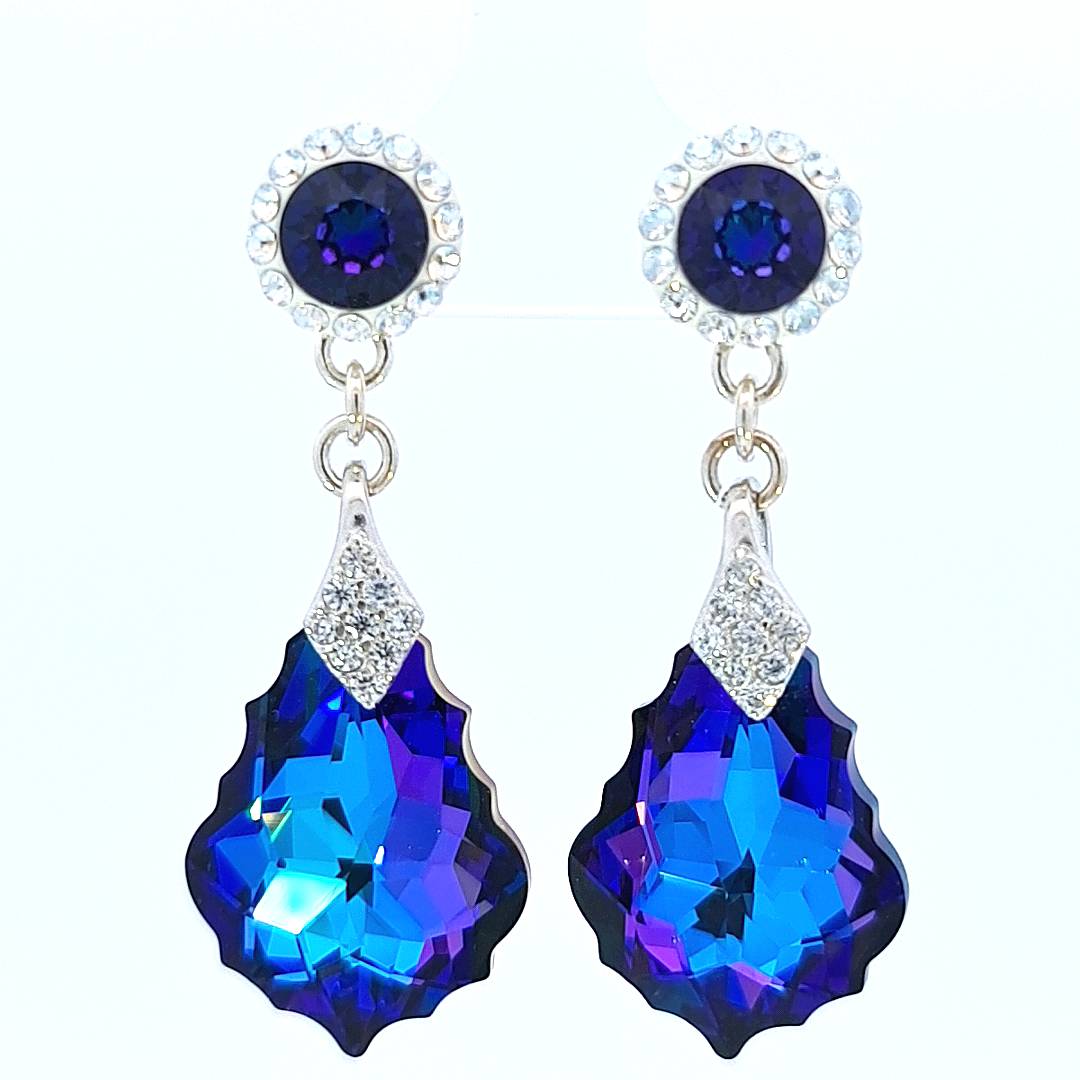 Front view of the Heliotrope Baroque Drop Stud Earrings, highlighting the stunning heliotrope Austrian crystals and intricate sterling silver design.