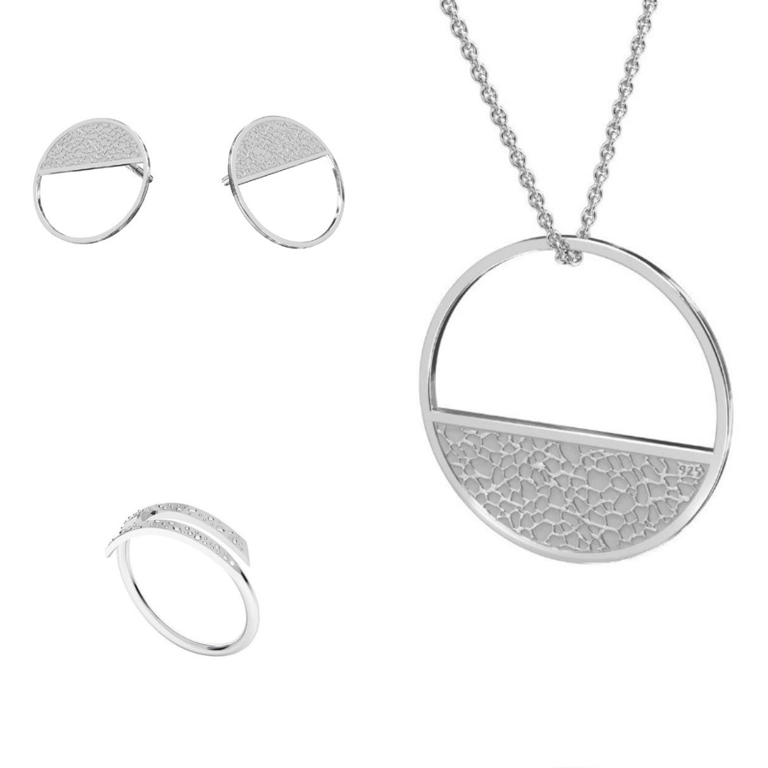 Intricate Circle Sterling Silver Geometric Jewellery Set for Women, with Silver Pendant Necklace, Stud Earrings and matching Adjustable Ring