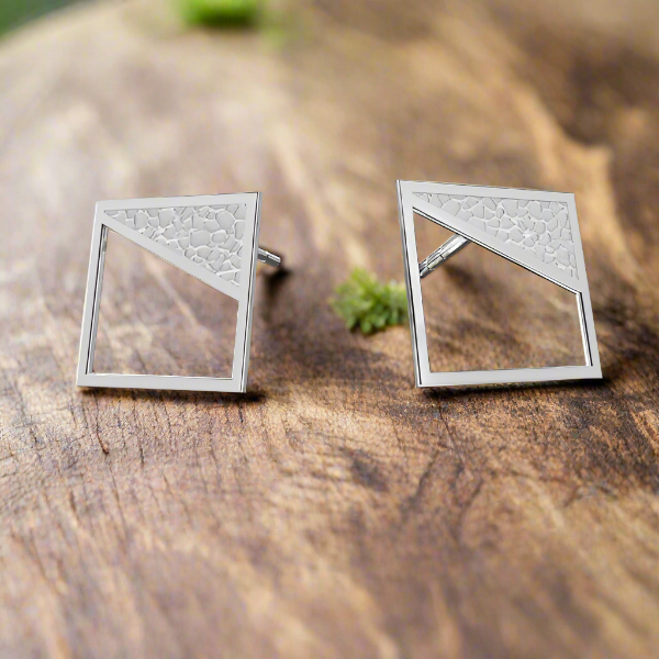 Front view of Intricate Square Sterling Silver Stud Earrings with geometric design