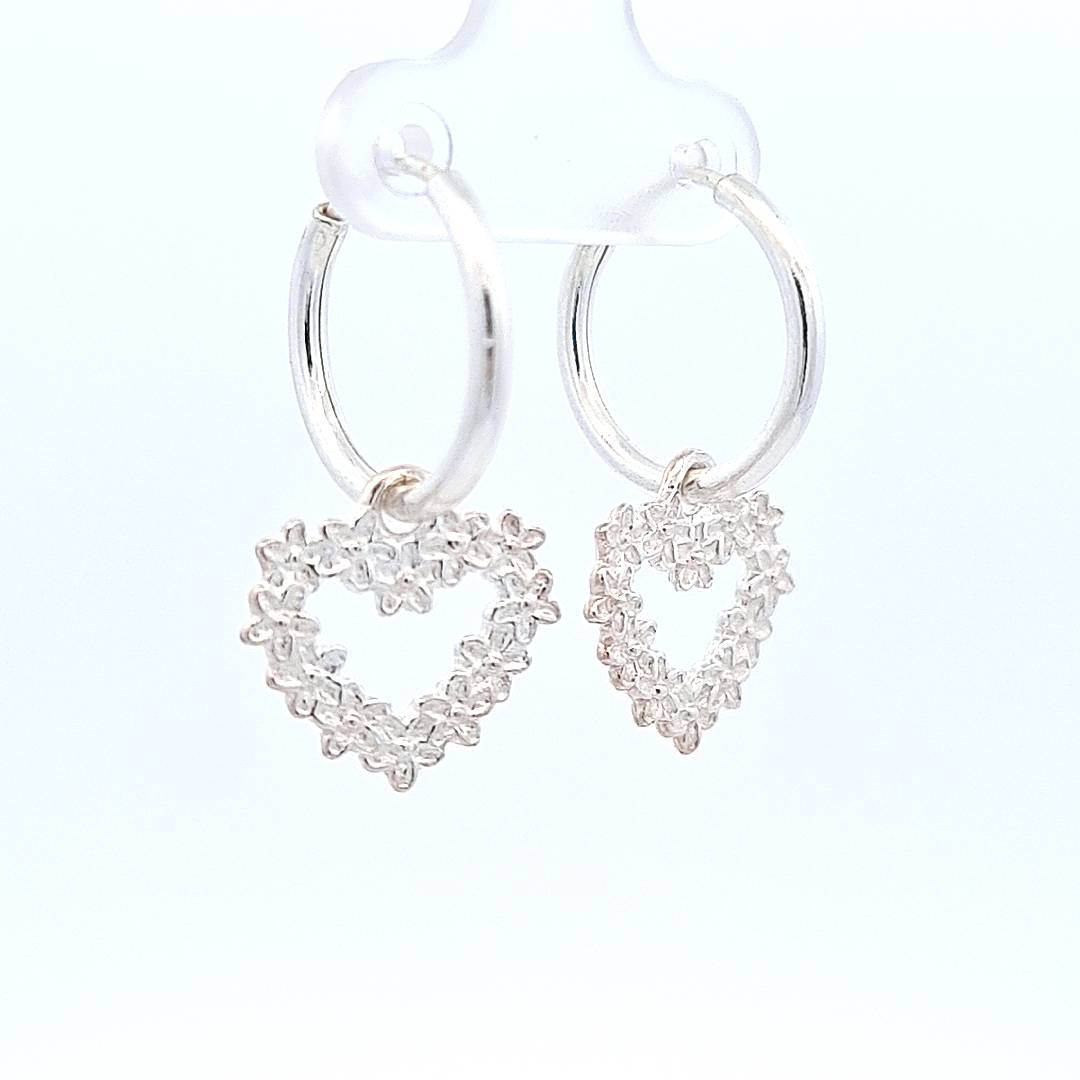 Side view of Heart with Forget-Me-Not Flowers Charm Hoop Earrings