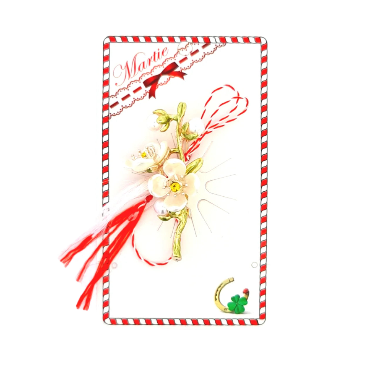 Ivory Cherry Blossom Martisor Brooch displayed on a decorative card with red and white accents, featuring delicate ivory cherry blossoms with golden details and the traditional red and white Martisor bow, symbolising spring and renewal.