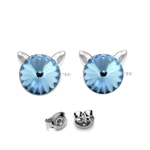 Kitty Cat Silver Stud Earrings with Aquamarine Blue Rivoli Crystal for Girls