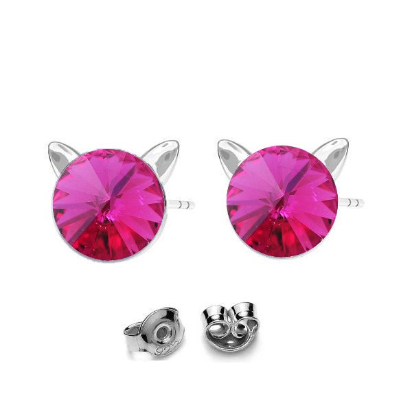 Kitty Cat Silver Stud Earrings with Fuchsia Pink Rivoli Crystal for Children