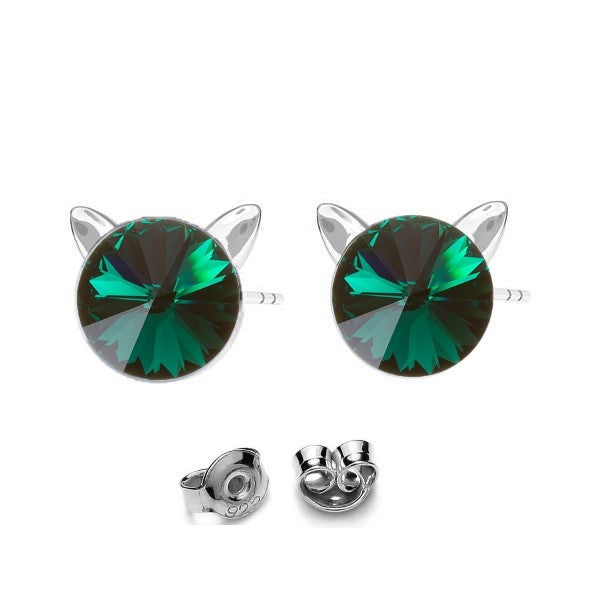 Kitty Cat Silver Stud Earrings with Emerald Green Rivoli Crystal for Girls