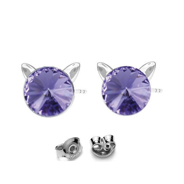 Kitty Cat Silver Stud Earrings with Tanzanite Purple Rivoli Crystal for Girls