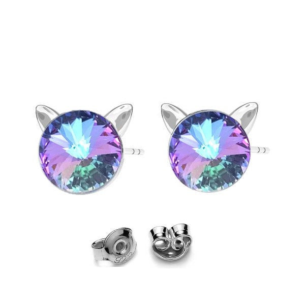 Kitty Cat Silver Stud Earrings with Vitrail Light  Rivoli Crystal for Girls