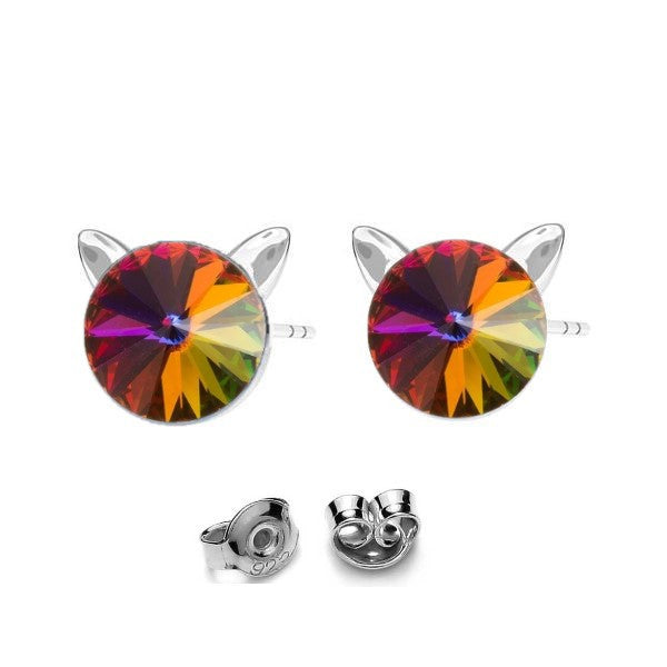 Kitty Cat Silver Stud Earrings with Volcano Rivoli Crystal for Girls