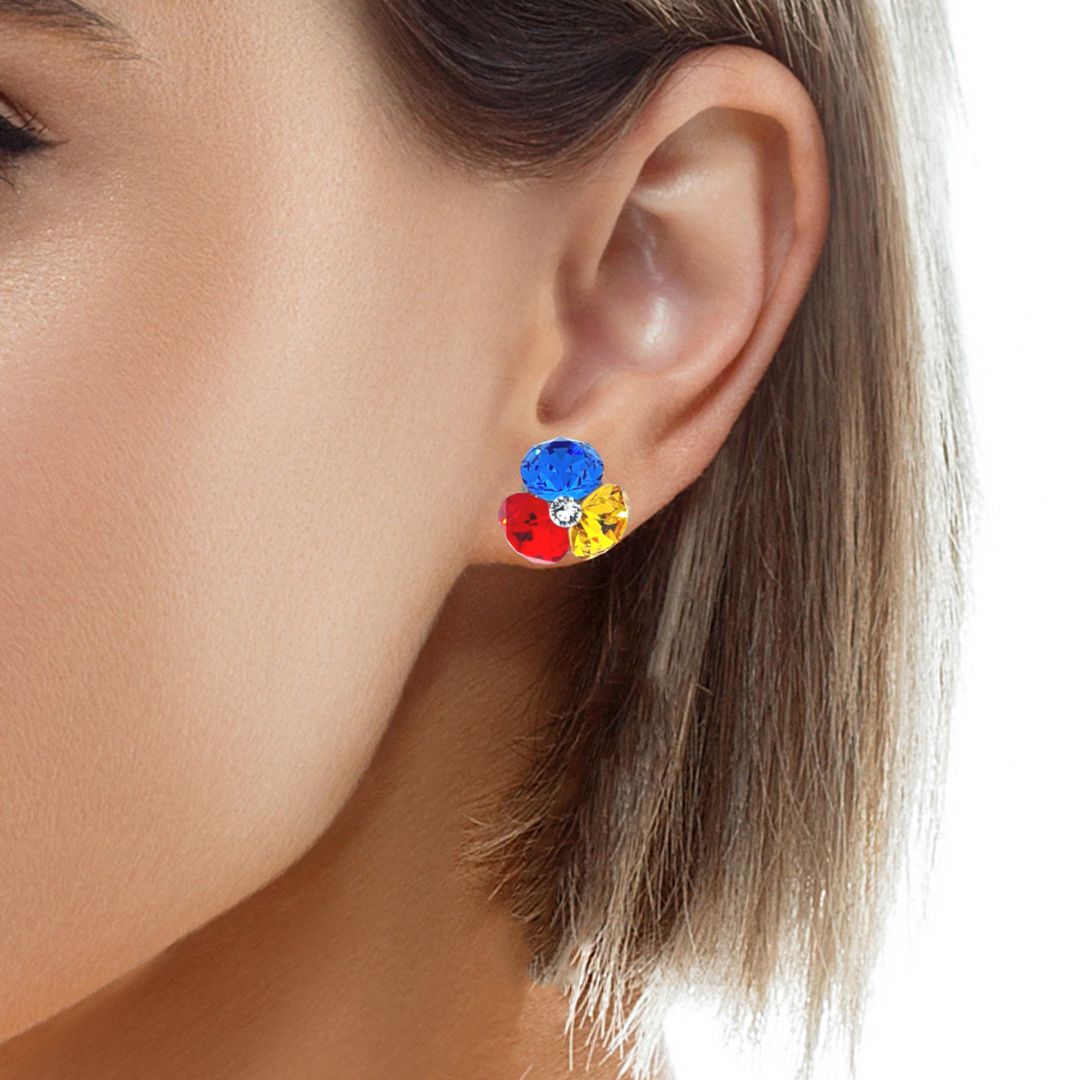 Silver Three Stone Stud Earrings (Red Yellow Blue)