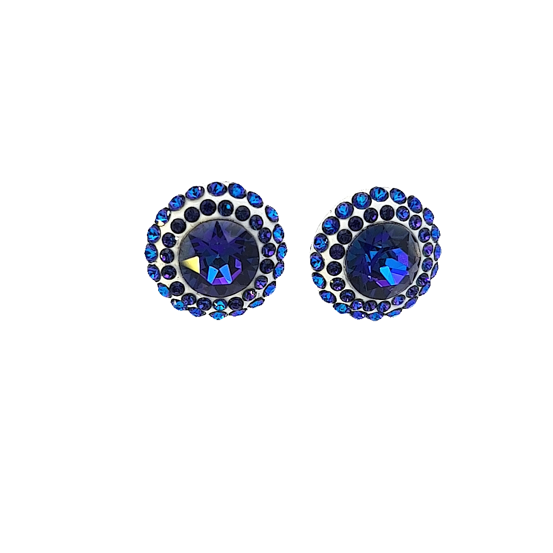 Celestial Halo Large Round Stud Earrings front view showcasing heliotrope crystals from Austria in a pave-style design.