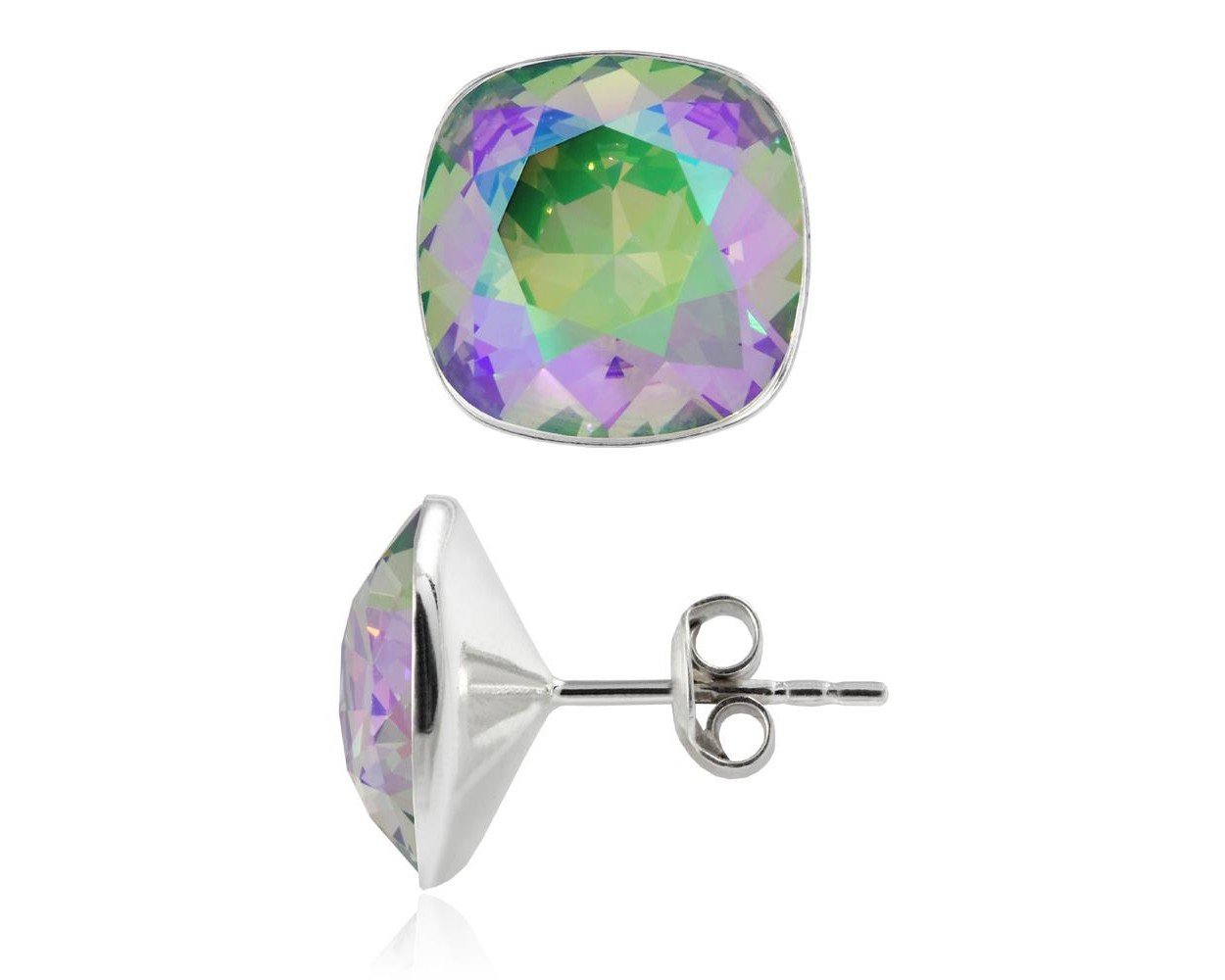 Silver Cushion Stud Earrings with Paradise Shine square Austrian crystal, a vibrant blend of purple and green symbolising mystical self-discovery