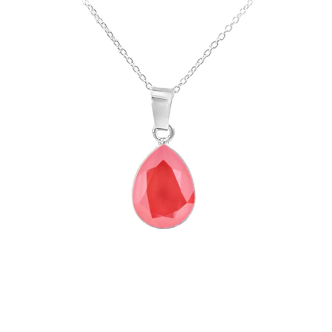 Light Coral Solitaire Teardrop Pendant Necklace in 925 Sterling Silver with Pear-cut Austrian crystals by Magpie Gems in Ireland