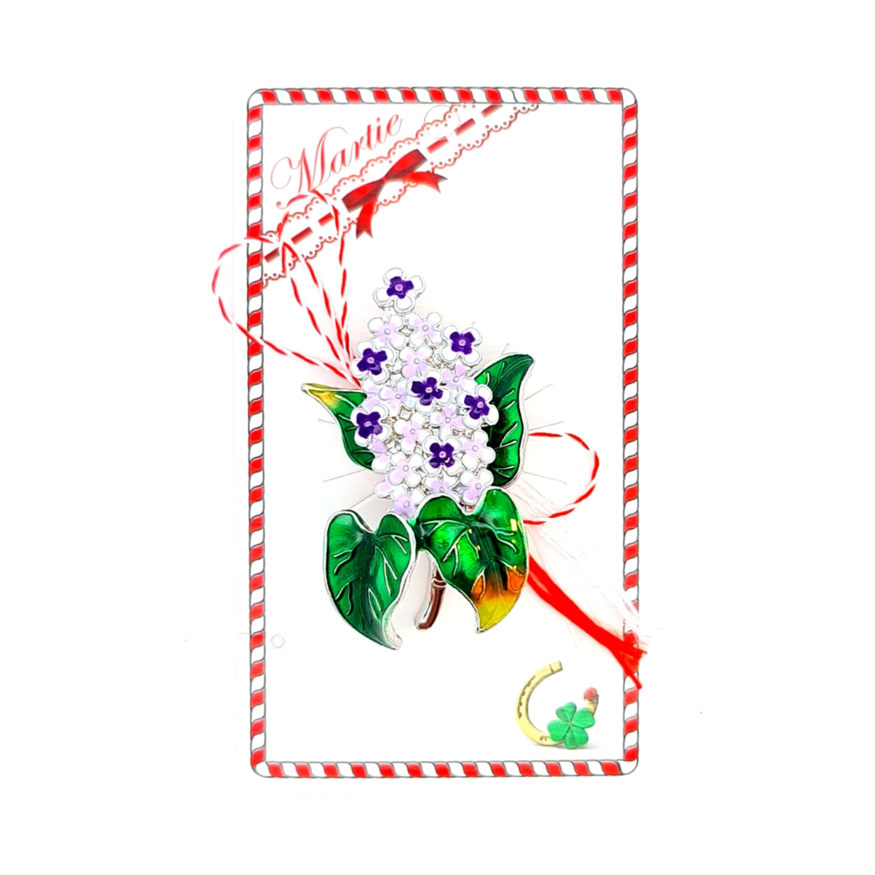 Lilac Flower Martisor Brooch displayed on a festive card with red and white details, showcasing vibrant purple blossoms and green leaves, paired with the traditional red and white Martisor bow, representing the beauty of spring and renewal.