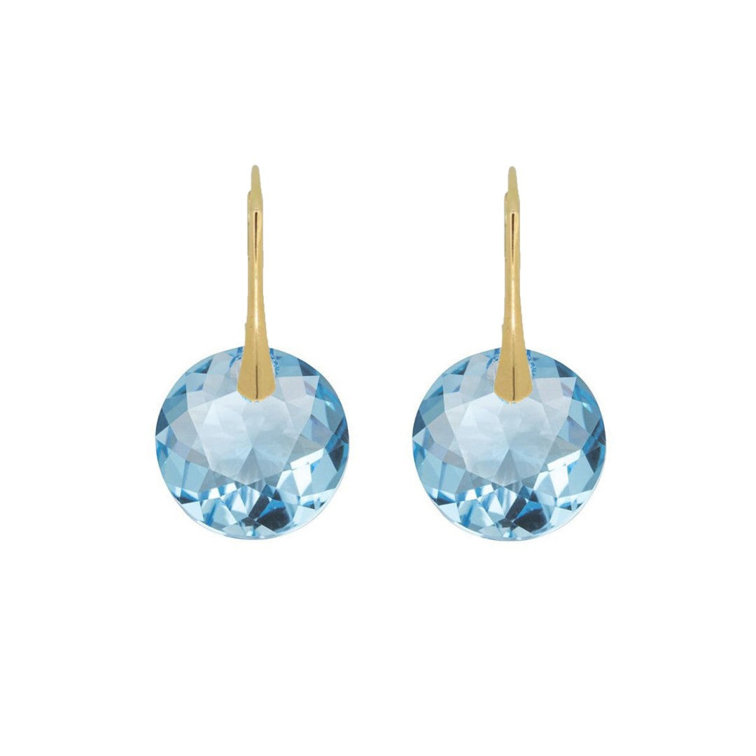 Pair of gold dangle earrings with Aquamarine stone crystal, featuring a delicate drop design, perfect for ladies seeking elegant jewellery from Ireland.