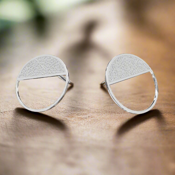 Modern Round Textured Silver Stud Earrings