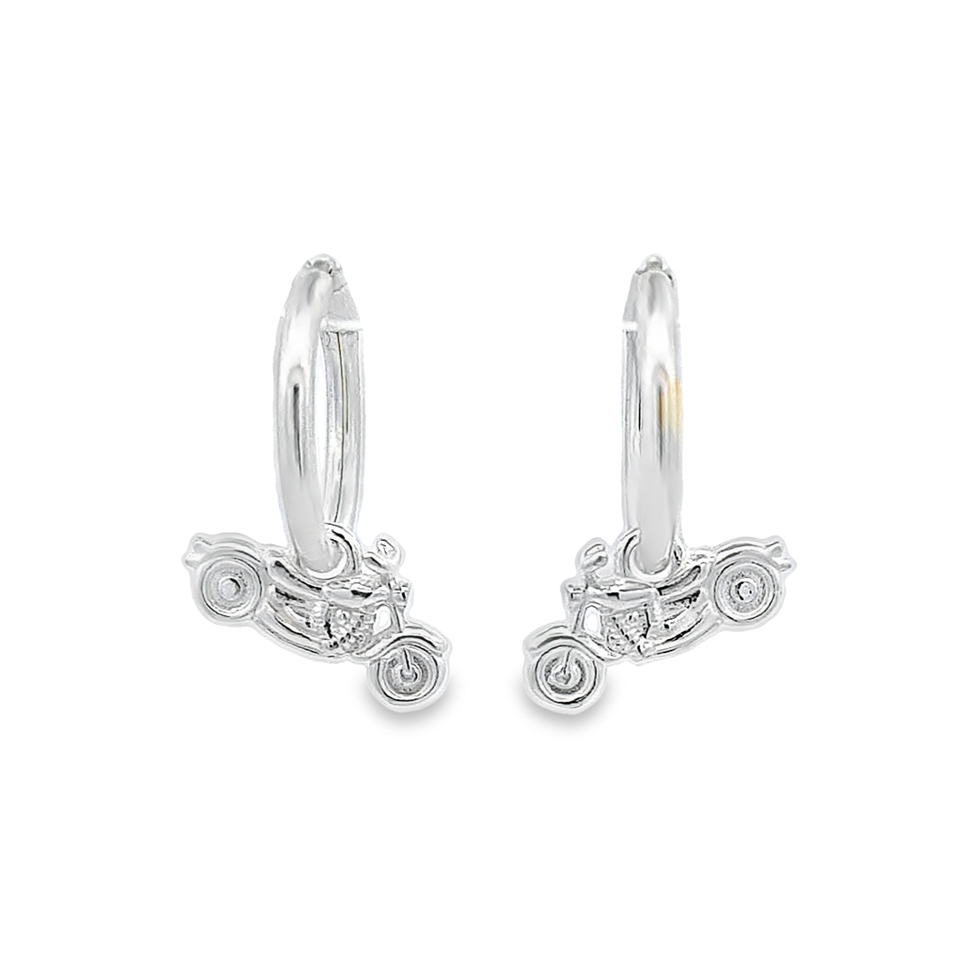 Rider's Spirit Motorcycle Charm Hoop Earrings in Sterling Silver by Magpie Gems in Ireland