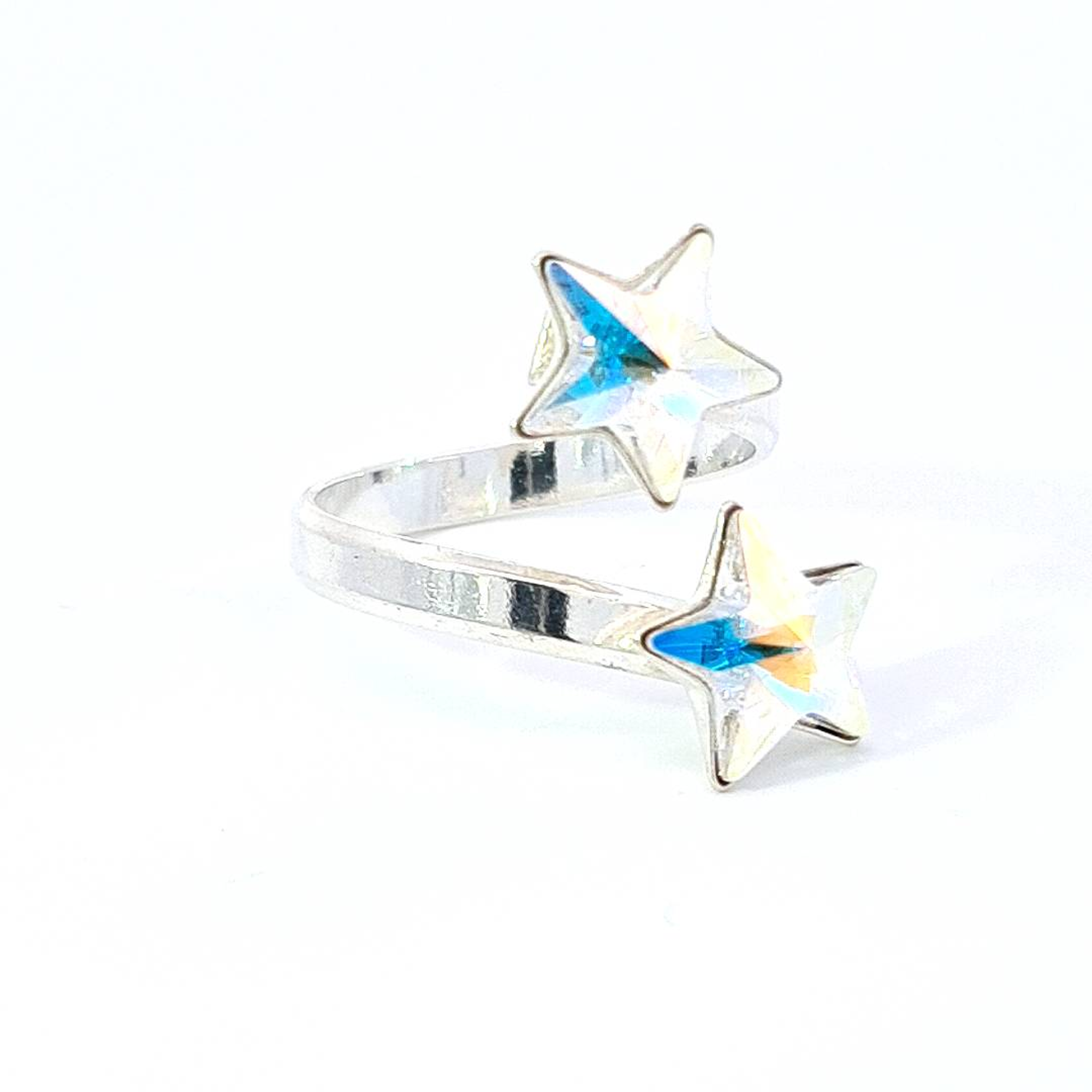 Side angle of the Gemini Stars Ring with iridescent Crystal AB Star Crystals - Magpie Gems Ireland