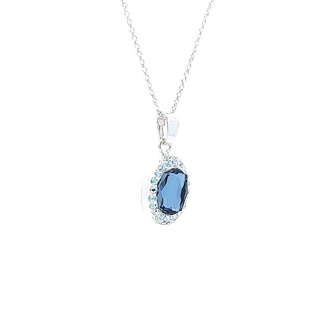 Oval Pave Style Silver Pendant Necklace