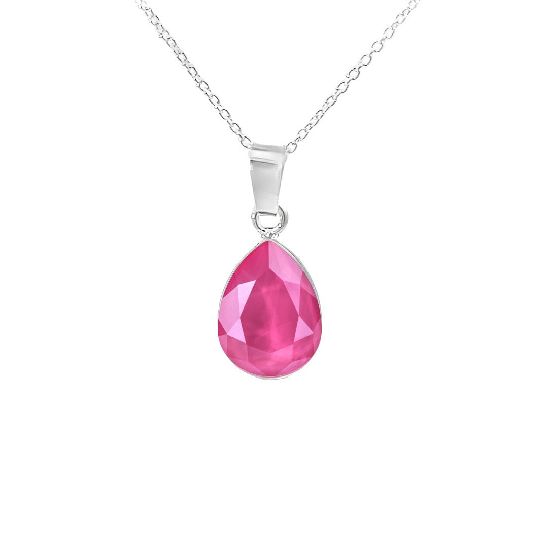 Peony Pink Solitaire Teardrop Pendant Necklace in 925 Sterling Silver with Pear-cut Austrian crystals by Magpie Gems in Ireland