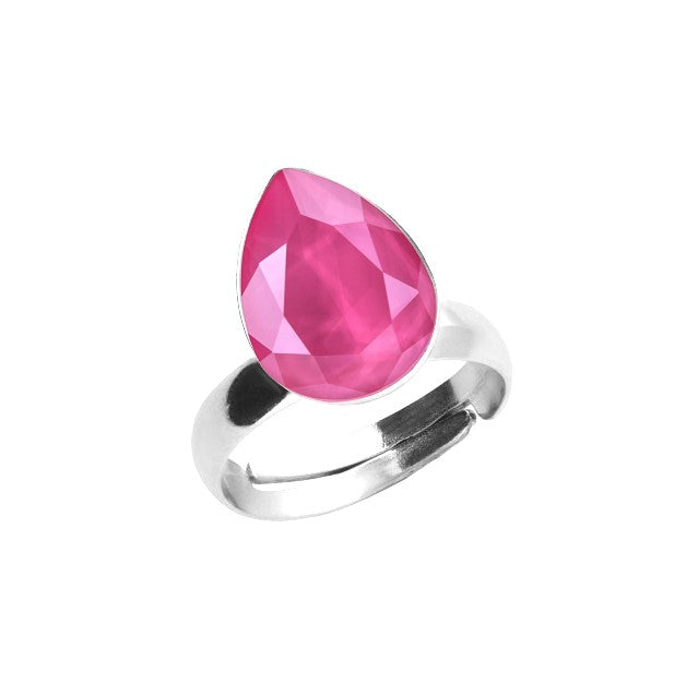 Peony Pink Solitaire Silver Ring in Nickel-Free Sterling Silver with Pear-shaped Teardrop Crystal by Magpie Gems Ireland