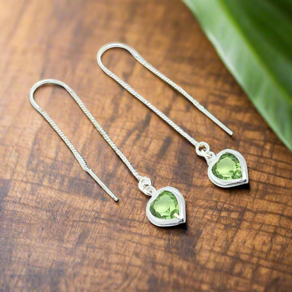 Peridot Green Heart Silver Double Threader Earrings for Women